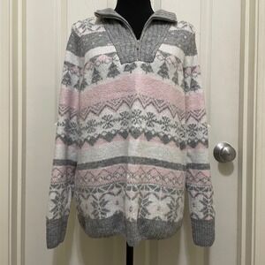 Croft & Barrow 1/4 Zip Pullover Sweater Soft Holiday Winter Snow Gray Pink M